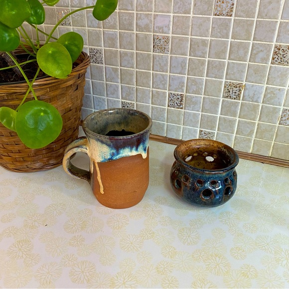 Vintage Pottery Mug & Pottery Tealight candle holder drip glaze handmade - Picture 1 of 12